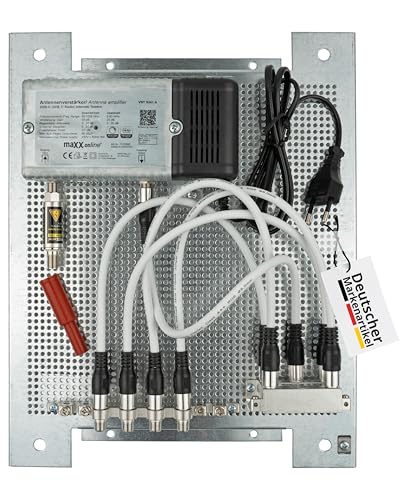 maxx.onLine Antennenverstärker Kabelfernsehen für 4 Teilnehmer vormontiert auf Lochblech Montageplatte mit 33 dB Verstärkung & Rückkanal, Kabel Verteiler, Überspannungsschutz, F Quick-Verbindungskabel