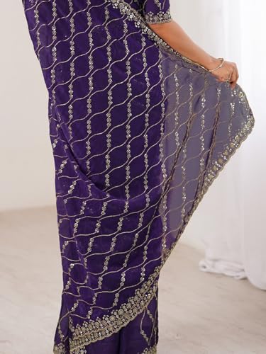 Image of AKHILAM Women's Shimmer Chiffon Heavy Sequence Embroidery Work Saree With Unstitched Blouse Piece (VT798A VM Parent)