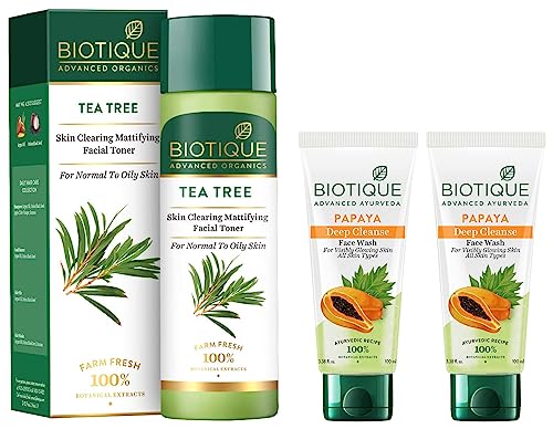 Image of Biotique Papaya Deep Cleanse Face Wash For Visibly Glowing Skin All Skin Types 2x100ml & Biotique Tea Tree Skin Clearing Mattifying Facial Toner for Normal to Oily Skin Face Toner, 120ml