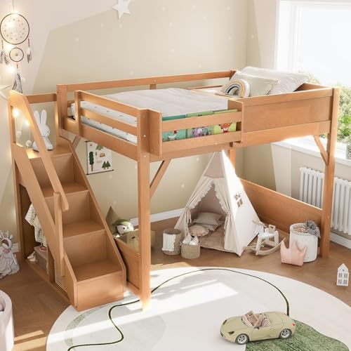 Image of KEIKI Solid Wood Full Size Loft Bed Frame with Stairs Built-in Wardrobe | Full Size Loft Bed with Storage Shelves, Full-length Guardrails, No Box Spring Needed for Bedroom, Dorm, Antique Natural