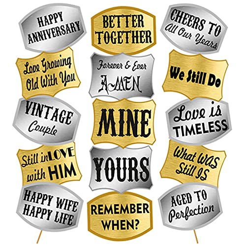 Image of Party Propz Happy Anniversary Props Set - Set of 19 Pcs Props for Anniversary Celebration | 25th Anniversary Props | 50th Aniversary Props Decoration | Golden and Silver (Cardstock)