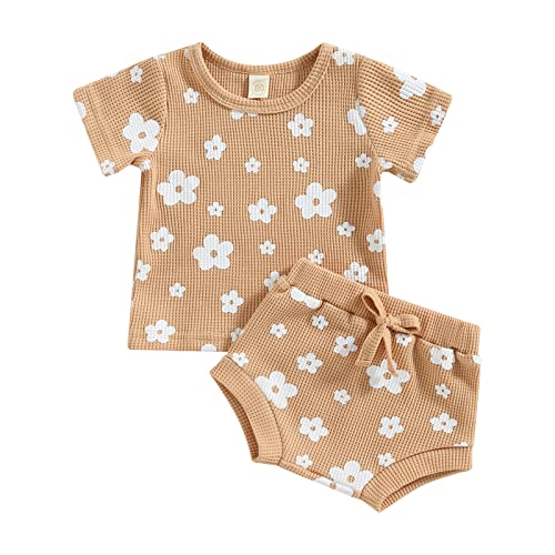 Image of Madjtlqy Baby Girls Outfit Set Summer Flower Printing Short Sleeve T-Shirt Tops + Elastic Waist Shorts Set