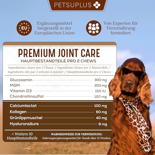 PETSUPLUS Gelenktabletten Hund mit Grünlippmuschel Hund, Hunde Gelenk Supplement Tabletten, Glucosamin MSM Chondroitin Kollagen Hyaluronsäure, stärkt Gelenke -120 Kautabletten