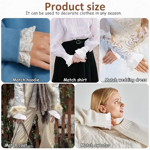 2 Pairs Floral Layered Cuff, Lace Wrist Cuffs Hand Sleeves Detachable, False Sleeves Wrist Cuffs, Lace Elastic Bracelet Wrist Cuff, Fake Sleeves Black White Lace Jabot Cuffs Costume Accessory4