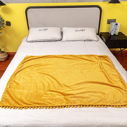 LOMAO Flannel Blanket with Pompom Fringe Lightweight Cozy Kids Blanket Soft Throw Blanket fit Couch Sofa Suitable for All Season (Mustard Yellow, 30''x 40'')