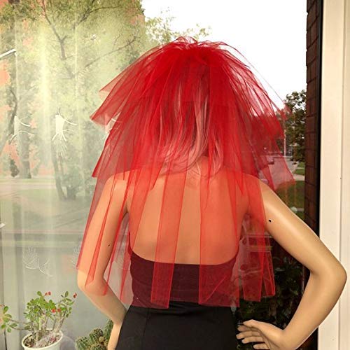 Miniatura 6 de Halloween party Veil 3-tier red, Halloween costume idea. Lydia Deetz halloween costume veil. Bachelorette veil, long length. Halloween night