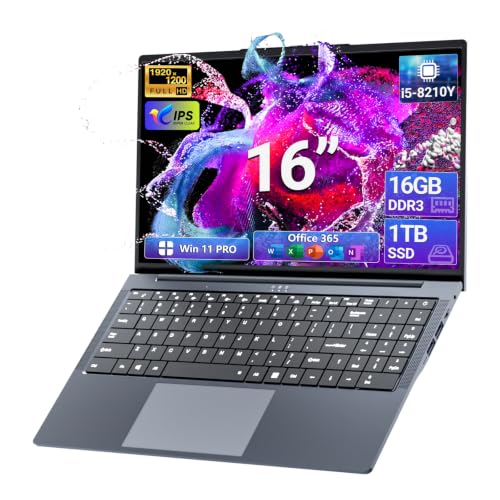 Image of KUMNOSAL 2026 Laptops, 16 inch Laptop Computer with Core i5-8210Y Processor (Up to 3.6GHz) 16GB RAM 1TB SSD, UHD Graphics, FHD 1920 * 1200, WiFi 5, BT 5.0, 180Open Lap Top, Win 11 PRO, Backlit Keyboard