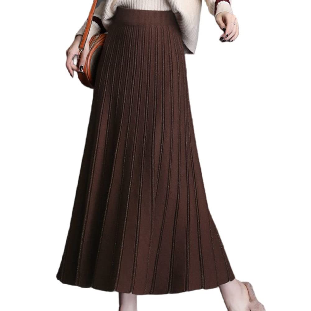 Röcke,Damen Midirock Braun Elastische Hohe Taille Glitzernder Faltenrock Vintage A-Linie Swing Geraffte Herbst Winter Elegante Lange Röcke Für Mädchen Damen,S