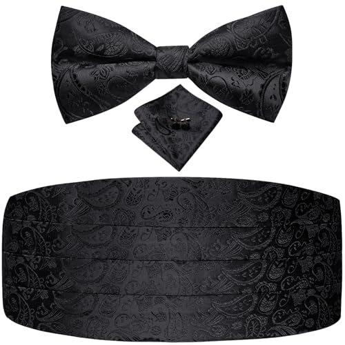 Image of Dubulle Mens Cummerbund and Bow Tie Set Paisley Floral Pretied Bowties for Men Pocket Square Cufflinks Wedding Business