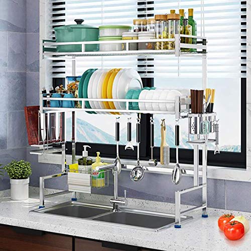 Over Sink Geschirrtrockner, 2-stufiges Edelstahl-Abtropfregal mit Utensilienhalter Zähler Organizer Geschirrkorb Küche Silber 64 cm (25 Zoll)
