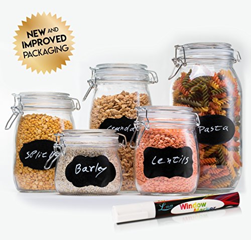HomEquip 5-Piece Airtight Canister Set with Clip Top Lids (Clear Glass): Kitchen Preserving