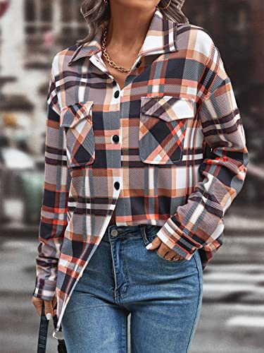 MakeMeChic Women's Casual Jacket Plaid Print Button Down Shirt Long Sleeve Pocket Outerwear Coat4