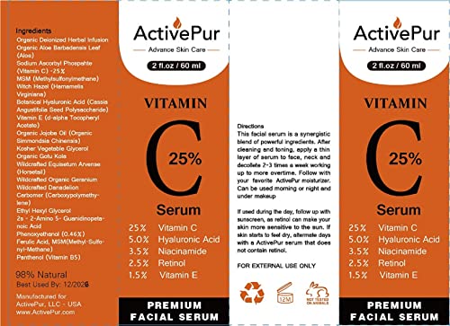 Activepur 25% Vitamin C Serum For Face (2 Oz/60 Ml) Vitamin E+B5, Hyaluronic Acid Serum For Face Retinol Ferulic Acid Niacinamide Collagen, Anti Aging Wrinkle Age Spots Eye Circles Skin Moisturizer #TOP4