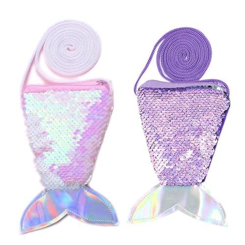2Pcs Mermaid Tail Coin Purse Sequin Crossbody Coin Wallet Bags Little Girls Mermaid Party Birthday Gifts(Pink+Purple)