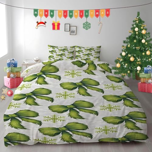 布団カバー クイーン クリスマススノーフレーク|マイクロファイバー 掛け布団カバー 210x210 +枕カバー 2枚 3点セット|吸汗速乾・防静電気・洗濯耐久|肌ざわり最高 リボン なプリントデザイン PH1193