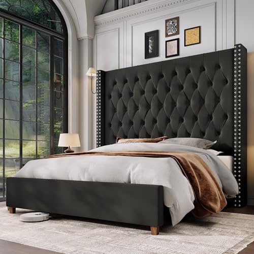 Jocisland Queen Size Bed Frame with 61.4" Tall Headboard, Velvet ...