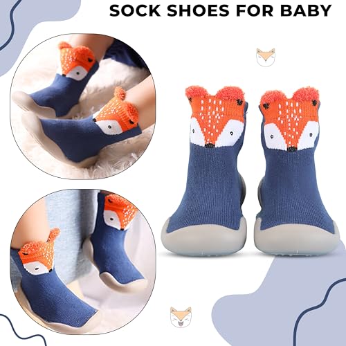 Image of BEMBIKA Baby Sock Shoes - Soft, Stretchy, Cotton Baby Sock Shoes for Infants - Baby Booties with Socks for Children, Ideal Kids Walking Sneakers Floor Socks for Indoor Use-(Blue Fox Size 18-19)