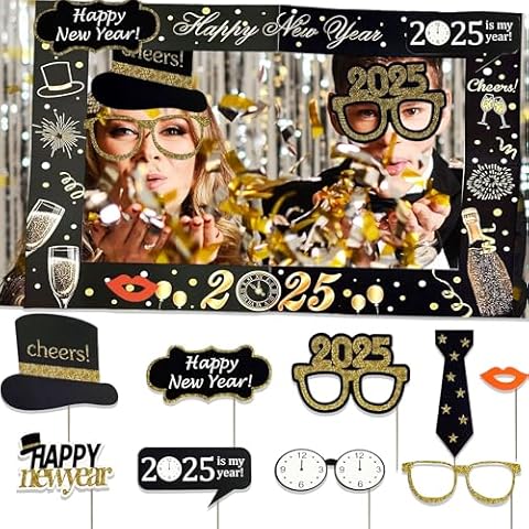 LaVenty 2025 Happy New Year Photo Booth Props 2025 Photo Props Happy New Year Party Supplies Happy New Year Decoration Cover
