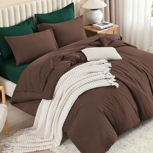 Image of Litanika Full Comforter Sets Brown Emerald Green- 7 Pieces Bed in a Bag Beddding Sets, Solid Lightweight Bed Set with Comforter, Sheets, Pillowcases & Shams