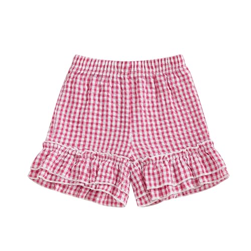 Toddler Girl Gingharm Shorts Summer Casual Elastic Waist Seersucker Ruffle Shorts for Baby Pants Bottoms (Red,12 Months)
