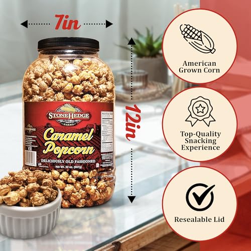 Stonehedge Farms Caramel Flavored Popcorn - 32 oz Large Tub - Bulk Gourmet Deliciously Old Fashioned Popped Sweet Snacks - Made in the USA