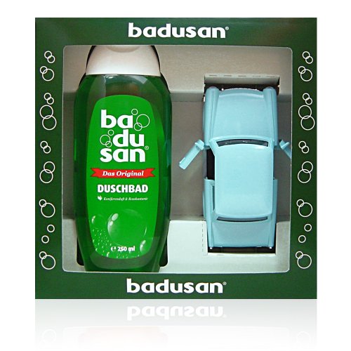 Preisvergleich Produktbild Geschenkset Badusan Duschbad 250 ml Koniferen- & Rosskastanienduft + Trabant blau 601S 1:30, ca. 12 cm lang, aus Metall