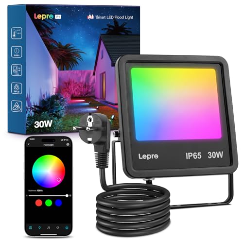 Lepro F1 AI Faretto LED da Esterno 30W, Faretto da Giardino RGB Dimmerabile IP65 Impermeabile, Progettista Illuminazione AI Personalizzato, Controllo Vocale/Sync Musicale, Compatibile con Alexa/Google