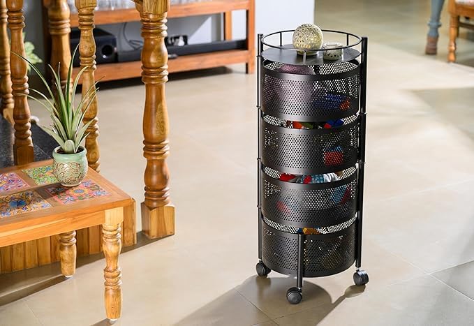 Image of KITCHIVO Kitchen Storage Rack | Revolving Vegetable Rack | Square Multipurpose Storage Trolley with Wheels | Metal Fruit Rack (Black Round, 4 Layer)