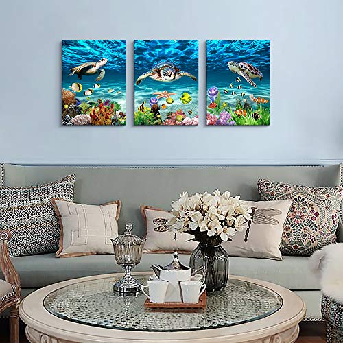 AHUASJART Canvas Wall Art for Living Room family Wall decor for Bedroom Bathroom Wall Decoration blue Ocean Sea Turtle Paintings Modern shark Pictures Artwork office Ready to Hang 12" x 16" 3 Piece - Image 6