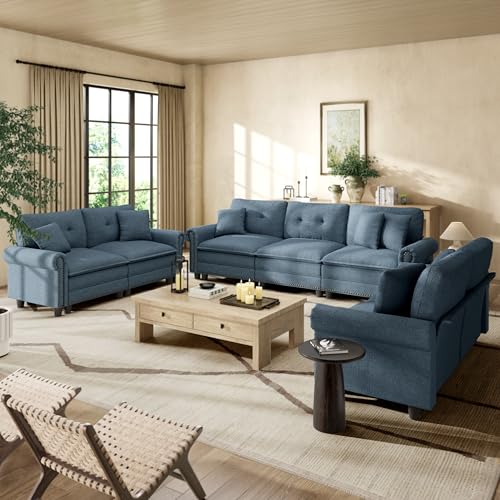 Image of HERA'S HOUSE Modular Sectional Sofa and Loveseat Set Living Room 3-Piece | Mid-Century Modern 7-Seater Cloud Sofa Set, Cyan, Rolled Arms & Nailhead Trim, Wider & Deeper Seats, Linen Furniture Set