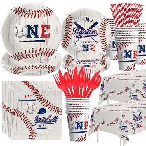 HIPVVILD Baseball First Birthday Party Supplies - Rookie of The Year 1st Birthday Decorations Tableware Plate Cup Napkin Cutlery Tablecloth Baseball One-Year-Old Supplies | Serve 24