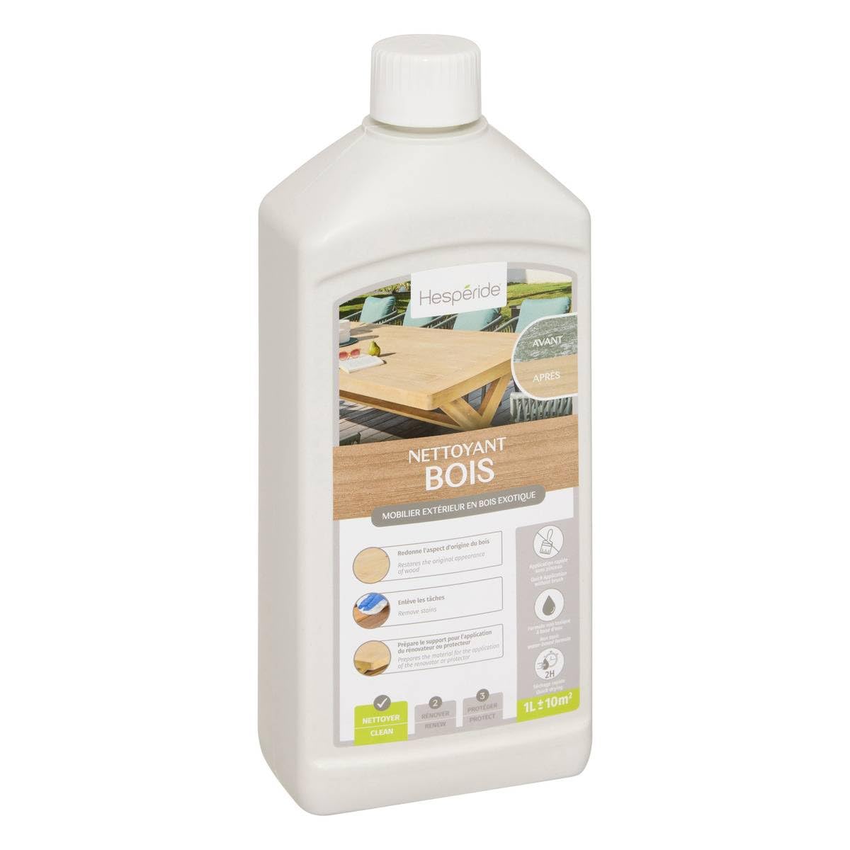 Hespéride - Nettoyant Dégriseur pour Bois Exotique 1 L, Élimine Les Taches, Ravive la Couleur - pour Mobilier de Jardin, Entretien Extérieur