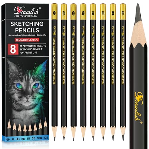 Lot de 8-12B 10B 5B 3B 2B HB H 6H Crayons à croquis pour artistes, débutants, enfants et adultes – Ensemble de crayons d'art en bois de qualité...