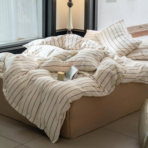 Image of Striped Comforter Set Queen Size Grey Stripes Pattern Printed Comforter 3 Pieces Lightweight Boho Bedding Comforter Set for All Seasons Breathable Soft Fluffy Beige Comforter with 2 Pillowcases