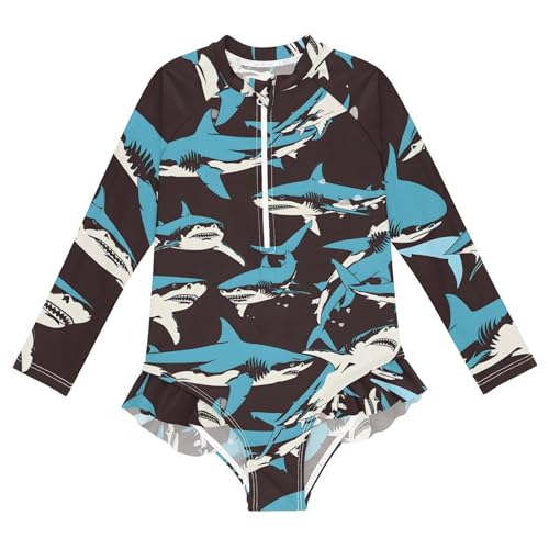 Girls One Piece Swimsuits Long Sleeve Swimsuit Zipper Bathing Suits Shark Blue Ocean Black - Main Image