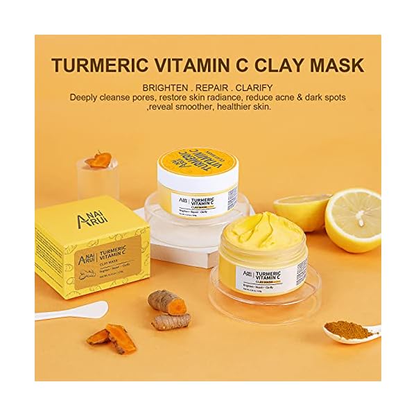 ANAIRUI-Turmeric-Vitamin-C-Clay-Mask-for-Acne-and-Dark-Spots-Vitamin-C-E-Clay-Facial-Mask-for-Blackheads-Pores-Wrinkles-Fine-Lines-Hydrating-Clarifying-Cleansing-Skincare-Mask-423-OZ ANAI RUI Turmeric Vitamin C Clay Mask, Vitamin C Clay Facial Mask for Blackheads, Pores, Wrinkles, Fine Lines, Hydrating, Clarifying, Cleansing, 4.23 OZ