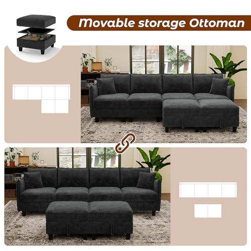 WorthFurni 112" Modular Sectional Sofa U Shape Couches with Storage Ottoman and Washable Cushion Cover for Living Room, Bedroom, Apartment(Black) - image 3