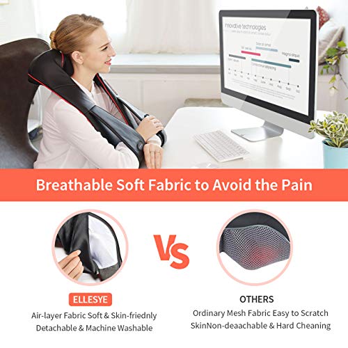 Handsfree Shiatsu Neck Shoulder Massager ELLESYE Electric Back Massage with Heat Vibration Deep Kneading Tissue Massage for Muscles Pain Soreness Relief in Office and Home