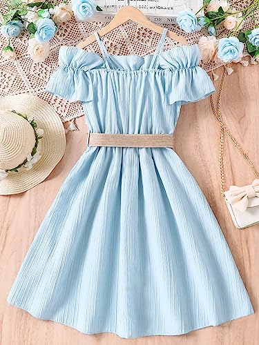WDIRARA Girl's Cold Shoulder Ruffle Trim Short Sleeve Belted Flared A Line Dress2