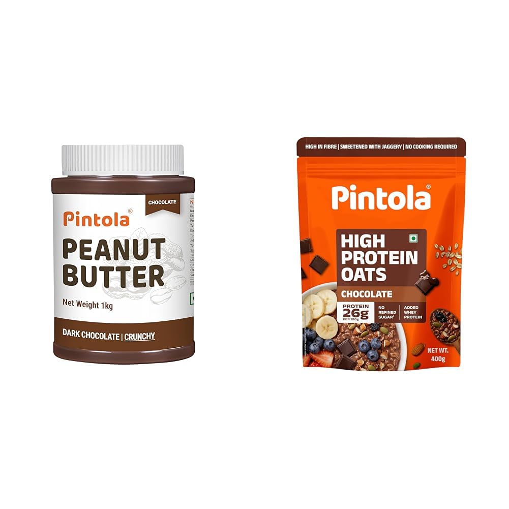Pintola Peanut Butter Chocolate Flavour Crunchy 1kg - 18.6g Protein & 5.2g Dietary Fiber, Made + PINTOLA 25g High Protein Oats 400g, Dark Chocolate,No Refined Sugar, with Almonds Raisin,-image-33