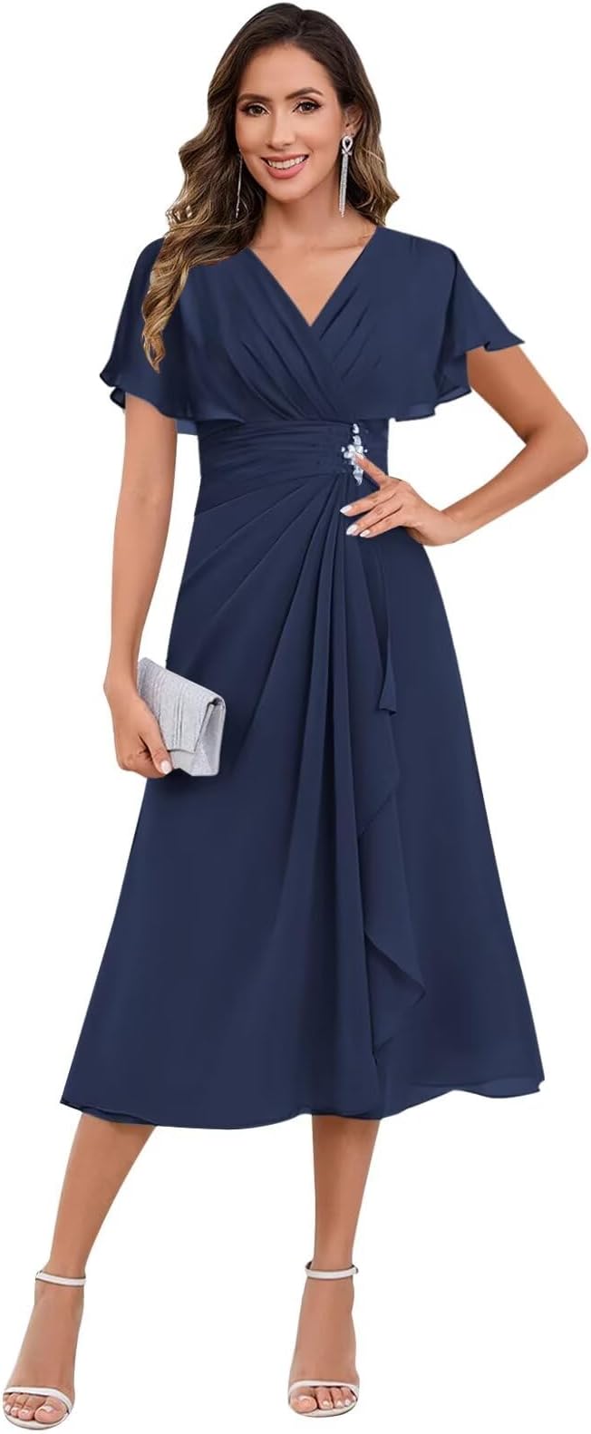 Chiffon Tea Length Mother of The Bride Dresses for Wedding V-Neck Pleated Flutter Sleeve Formal Wedding Guest Dress
