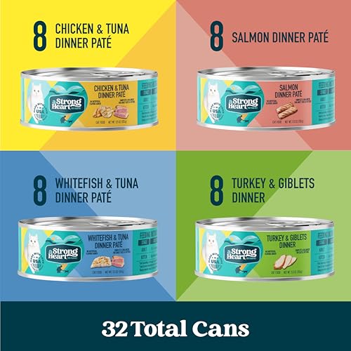 Image of A Strong Heart Canned Wet Cat Food, Dinner Variety Pack - 5.5 oz Cans (Pack of 32), Made in The USA with Real Turkey, Chicken, Tuna & Whitefish & Salmon