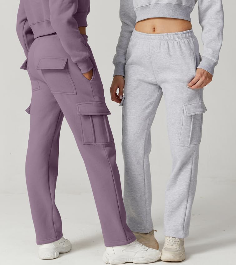 Image of QINSEN Baggy Medium Waist Elastic Sweatpants for Womens Casual Long Fleece Cargo Pants with Pockets
