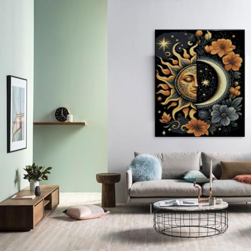 Image of MYBISYMQQ Stamping Cross Stitch Kit Sun and Moon, Round Counting Cross Stitch Kit for Adult Beginners, Full Line DIY Cross Stitch Stitching Kit for Home Decor Cross Stitch Patterns 11.8x15.7inches