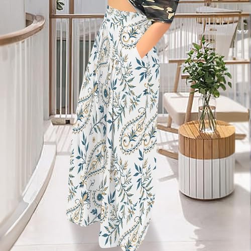 Womens Casual Boho Floral Wide Leg Pants Loose Fit High Waist Solid Color Print Pleated Palazzo Pants with Pockets4
