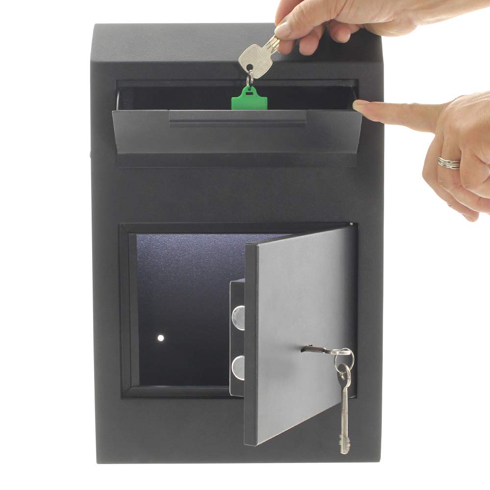 Caja fuerte con ranura para depósito Cashmatic Basic de Rottner, Color negro, Cerradura de llave de doble paletón, Tornillos de fijación incluidos