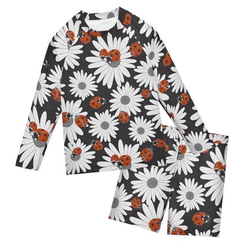 Aflyko Kids' Bathing Suit Set Ladybug Daisy White Grey Long Sleeve Swim Tops with Shorts Summer Vacation Pool Party Rashguard Fun Cute Toddler Infant Beachwear, 4T