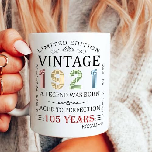 KOXAME Vintage 1921 Coffee Mug 11oz, 105th Birthday Gifts For Men Women, 105 Year Old Birthday Gifts For Him Her, Gift Ideas For Mom Dad Husband Wife Papa Grandma Turning 105 (105) - image 6