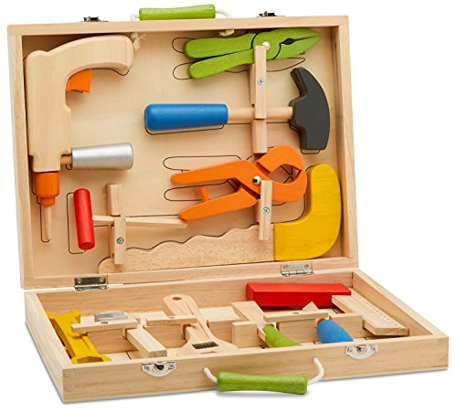 TopRace Caja de herramientas de 12 piezas, caja de herramientas de madera maciza con coloridas herramientas de madera, juego de rol de construcción Toy Set TR-W300
