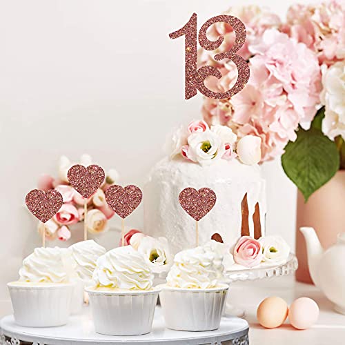 Image of Festiko 13 Cake Topper for 13th Birthday Cake Topper with Heart Cupcake Toppers, Number Thirteen, 13 Years Old, Teenager Birthday Wedding Anniversary Party Decorations (Rose Gold Glitter 5pcs)